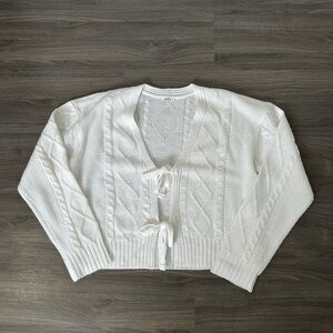 White Cropped Cable Knit Cardigan Sweater with Tie Front Detail